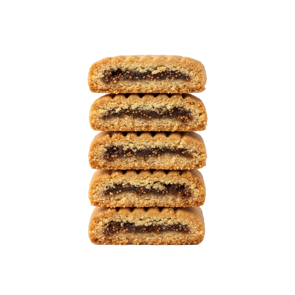 Five stacked chocolate-filled cookies with crumbly texture and visible filling
