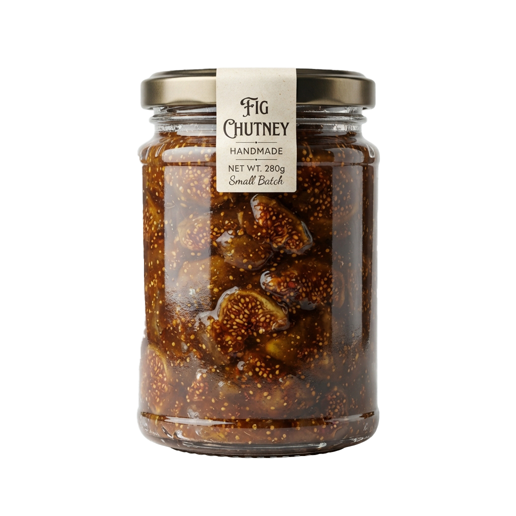 Glass jar of handmade fig chutney with whole figs visible inside, labeled as small batch and handmade