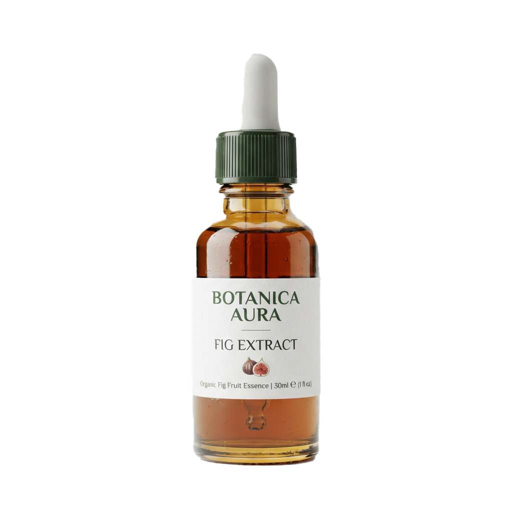 Small glass bottle with green cap containing fig extract essential oil