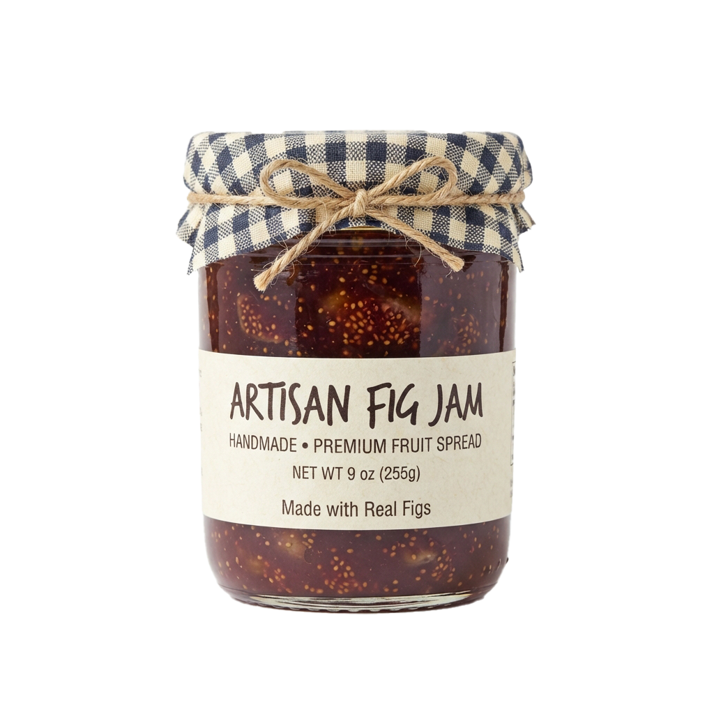 Glass jar of fig jam with a checkered cloth lid tied with twine, labeled artisanal fig jam.