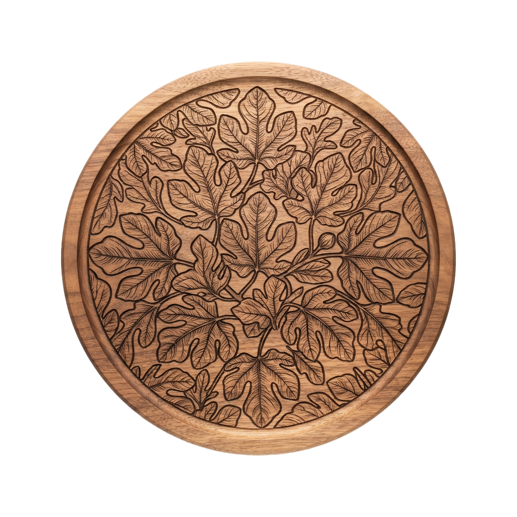 A round wooden board with intricate carved leaf patterns radiating from the center