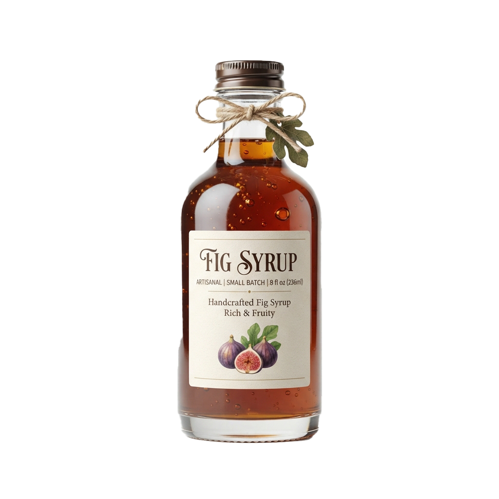 Glass bottle of amber fig syrup with a metal cap and twine label, showing figs on the label