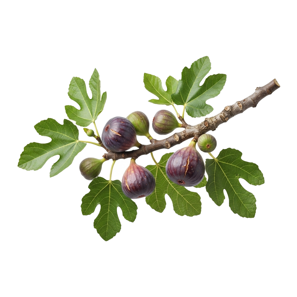 Cluster of ripe and unripe figs on a branch with green leaves