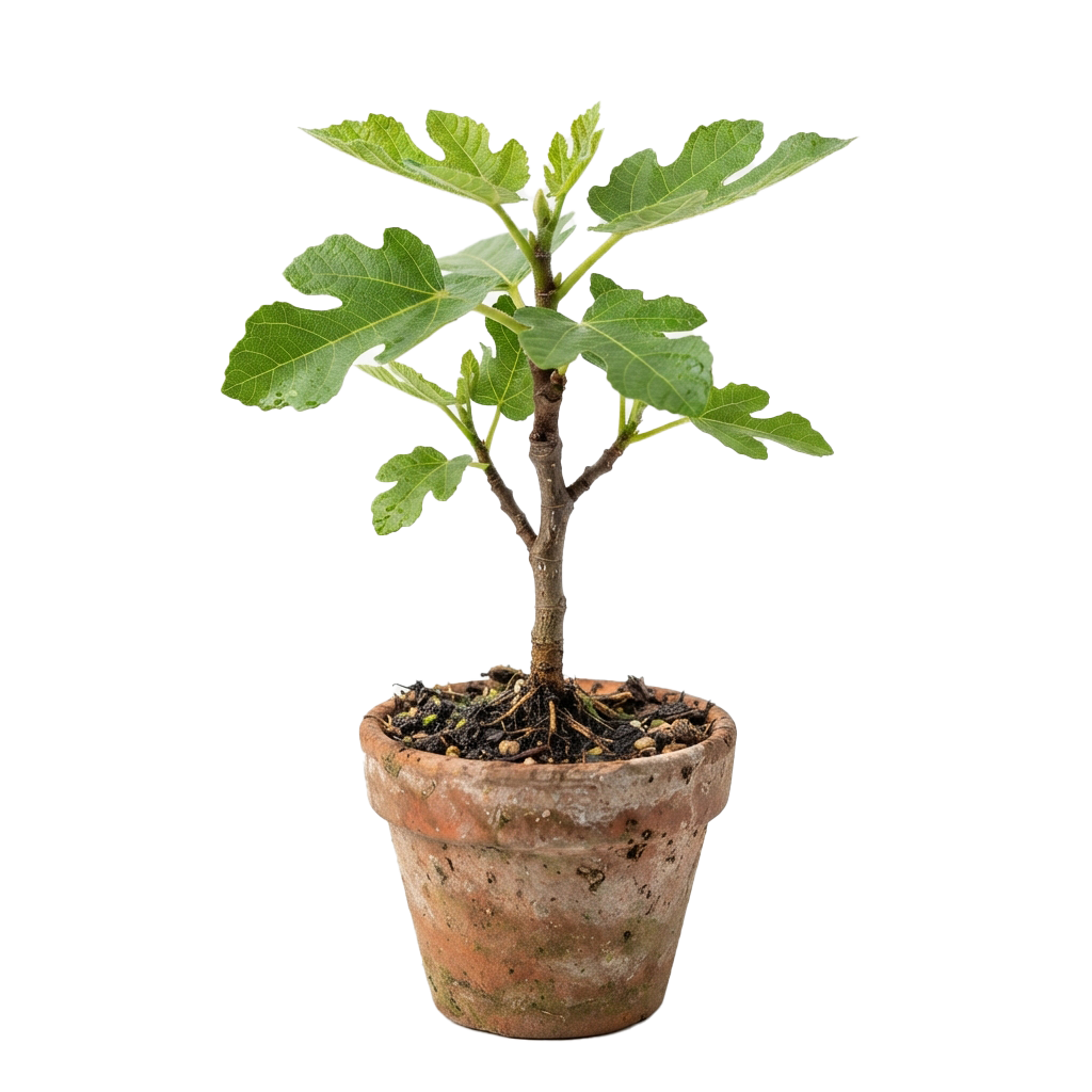 A small fig tree seedling with green leaves growing in a terracotta pot filled with soil