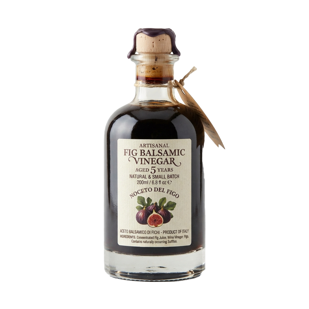 A bottle of aged fig balsamic vinegar with a cork stopper and twine label showing fig illustrations