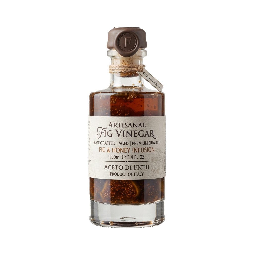 Glass bottle of fig vinegar with honey infusion, aged, labeled artisanal, 100ml volume, product of Italy