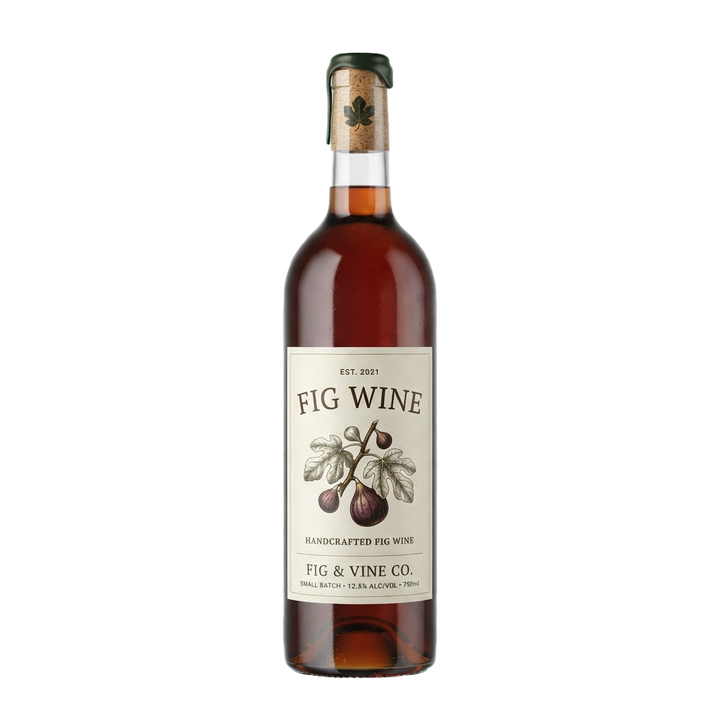 A brown bottle of handcrafted fig wine with a label featuring fig illustrations and text.