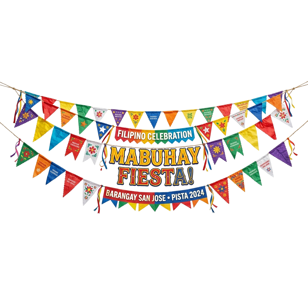 Colorful triangular banners strung together celebrating Mabuhay Fiesta with text in the center