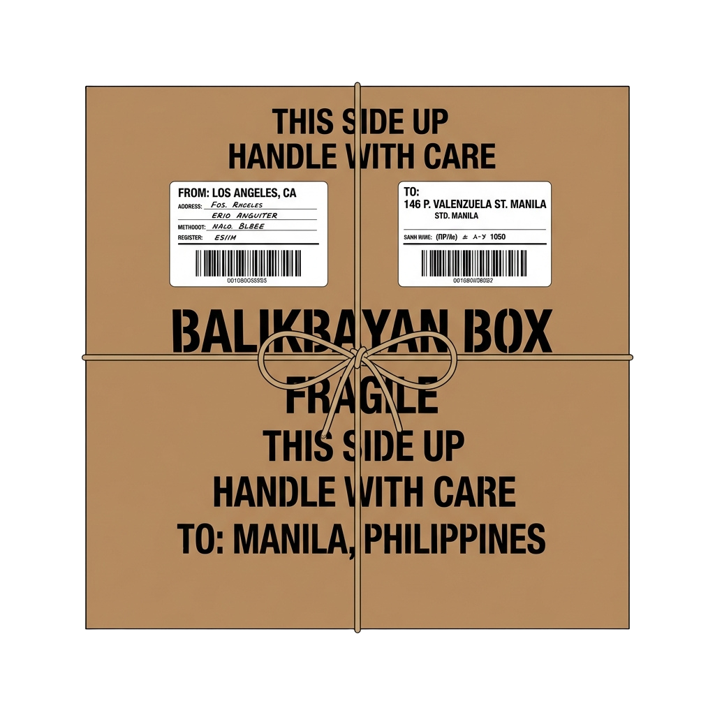Brown box labeled fragile with handle with care instructions and shipping details to Manila Philippines