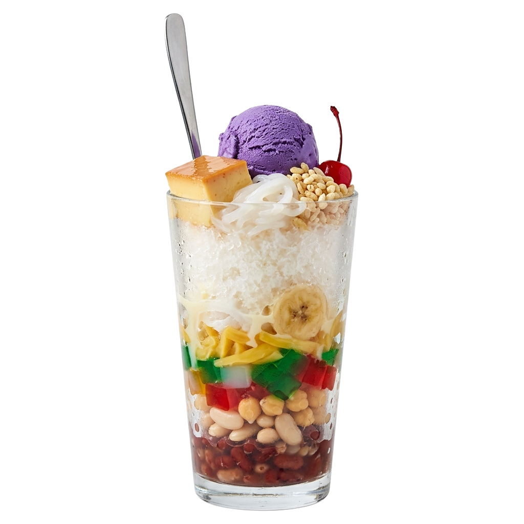 A tall glass drink with layered ingredients including beans, fruit, granola, banana, ice cream, and whipped cream topped with a spoon.