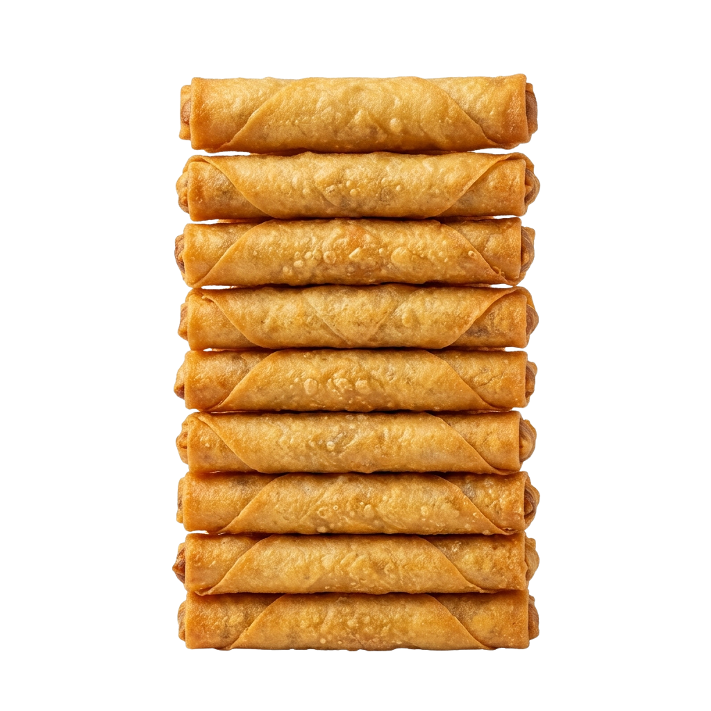 A stack of eight golden-brown fried pastry wraps arranged vertically against a black background