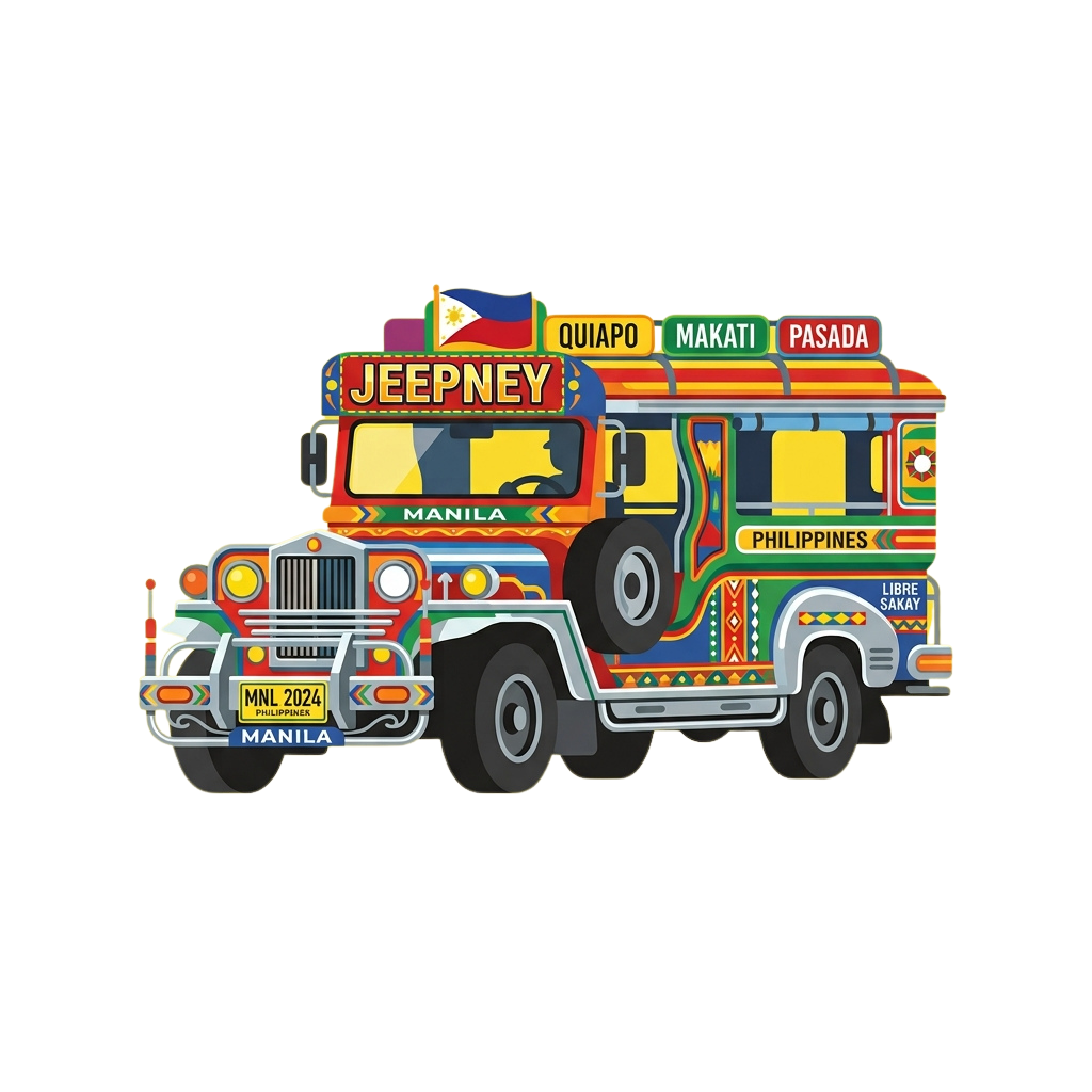 Illustration of a brightly decorated jeepney bus with Philippine flags and route signs