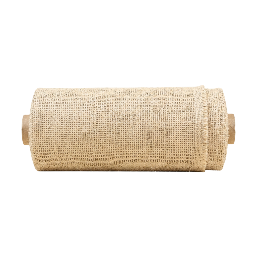 Roll of beige jute fabric wound around wooden spools