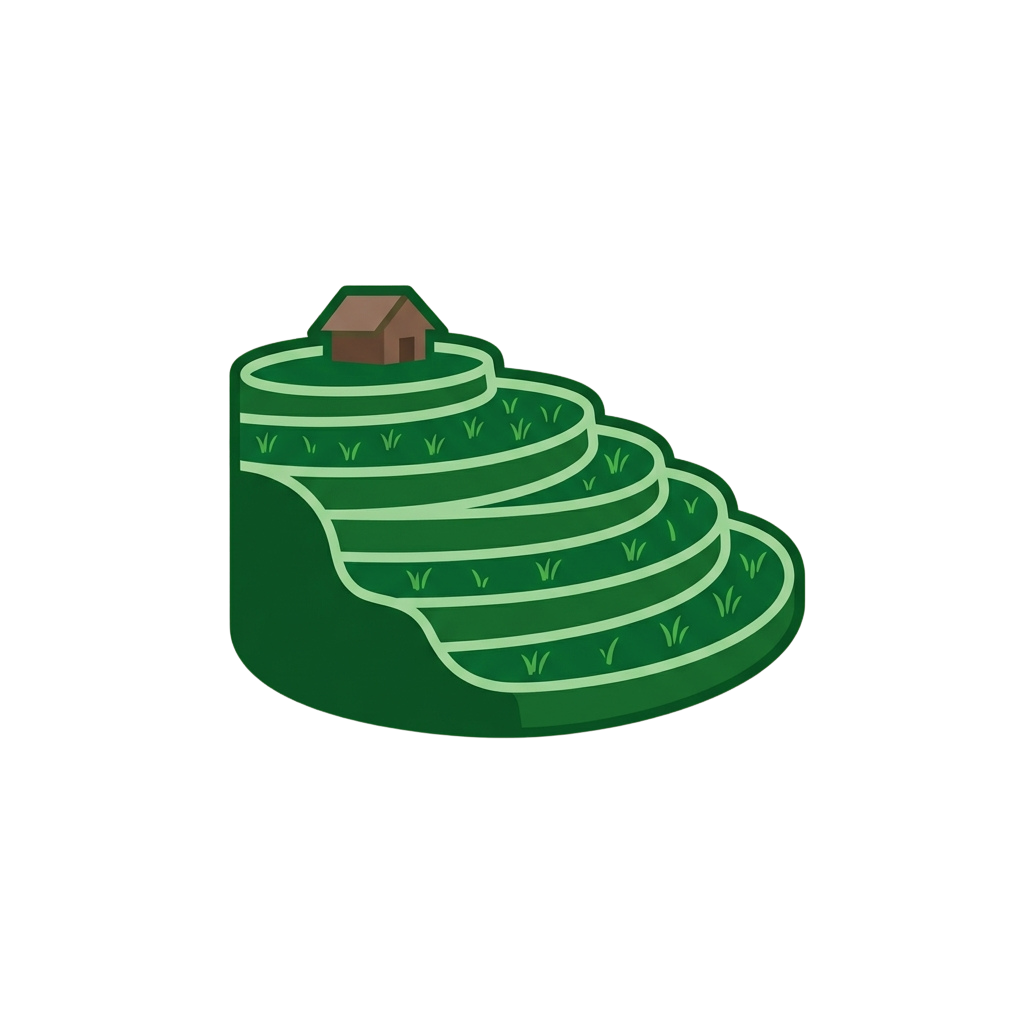 Illustration of a small house on terraced green hills with grassy steps