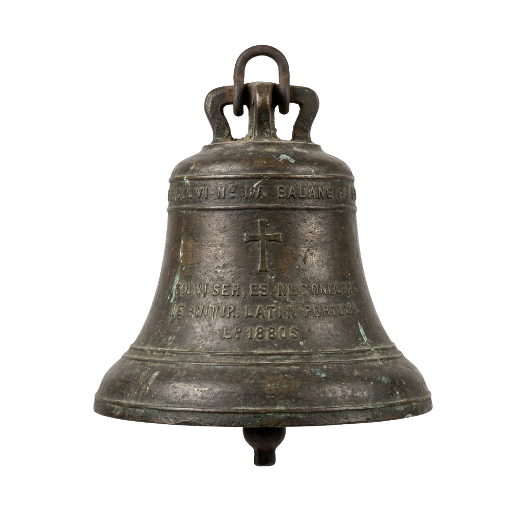 Old bronze bell with Latin text and a cross symbol, hanging loop at the top
