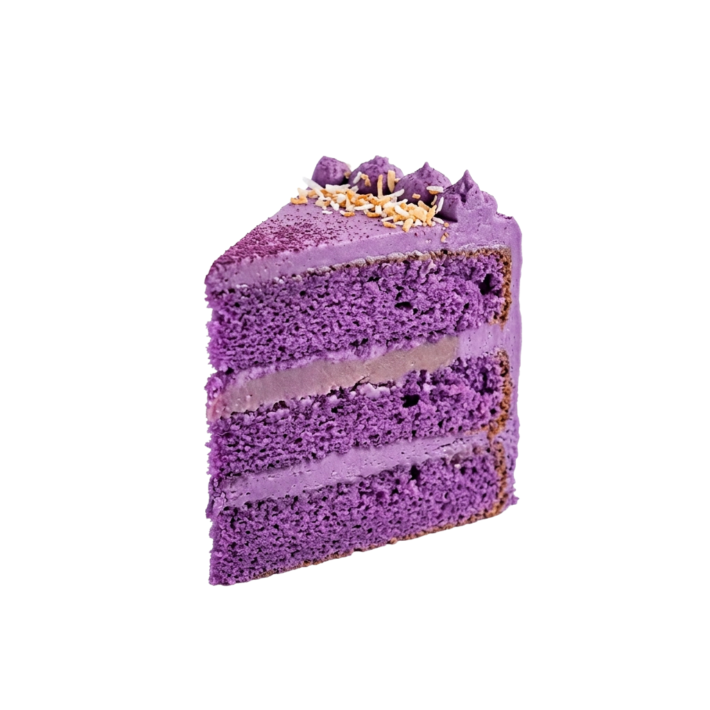 A slice of purple velvet cake with cream filling and crumb topping, garnished with purple sprinkles and chopped nuts