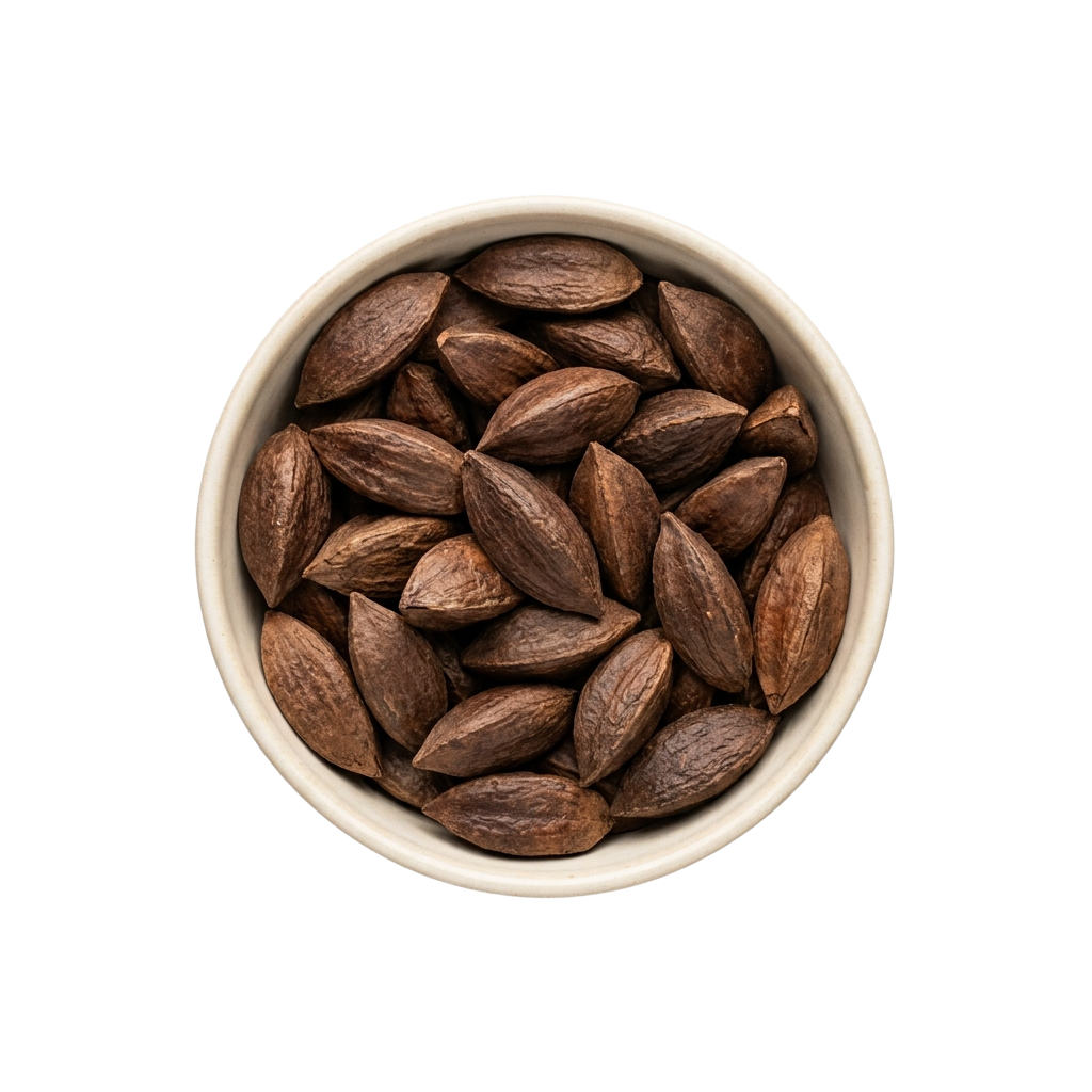 A white bowl filled with roasted almonds against a black background