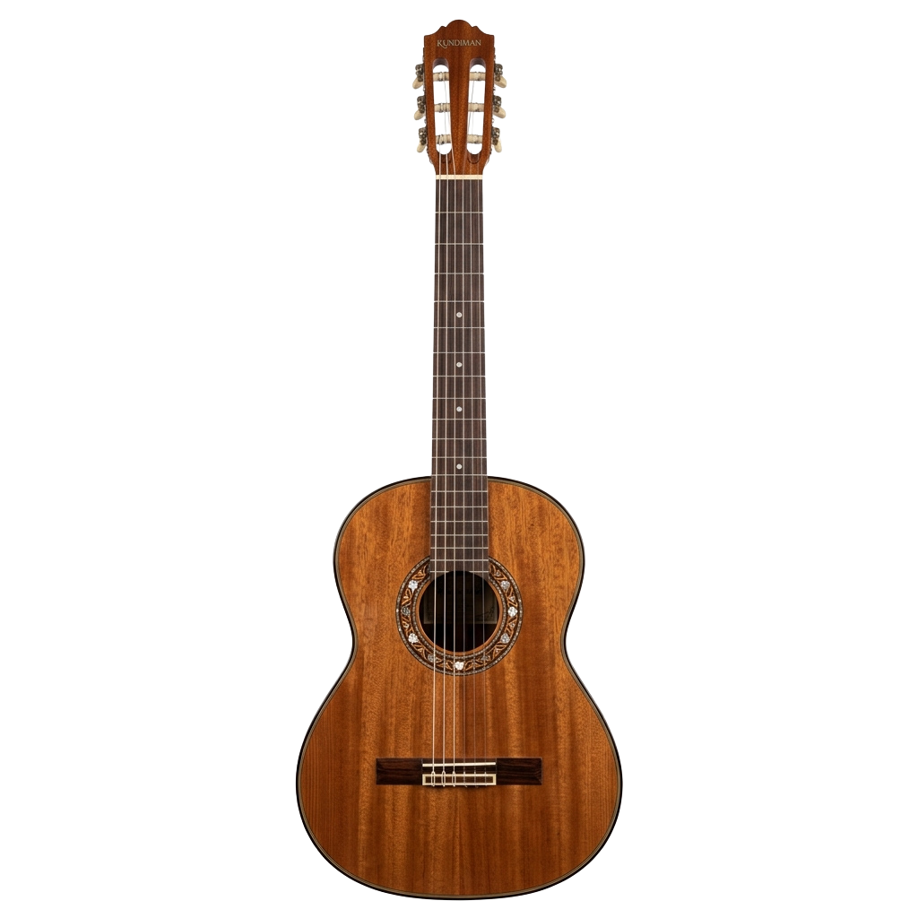 A close-up image of a classic acoustic guitar with a light brown finish and nylon strings.