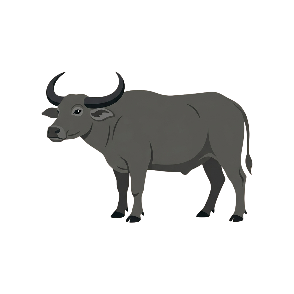 A gray water buffalo standing sideways against a dark background