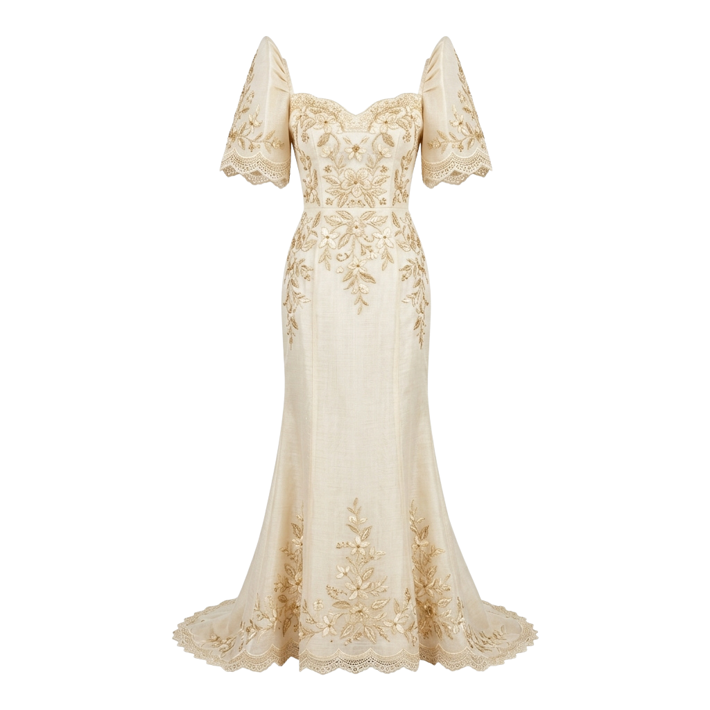 Elegant ivory wedding gown featuring lace sleeves, deep V-neckline, and intricate floral embroidery down the bodice and skirt.