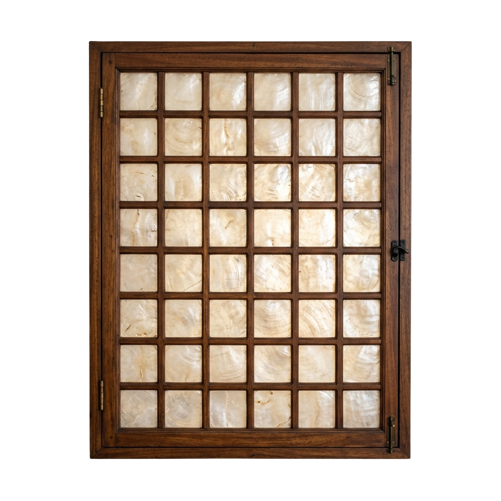 A wooden-framed lattice door featuring a grid of translucent, light-colored panels.