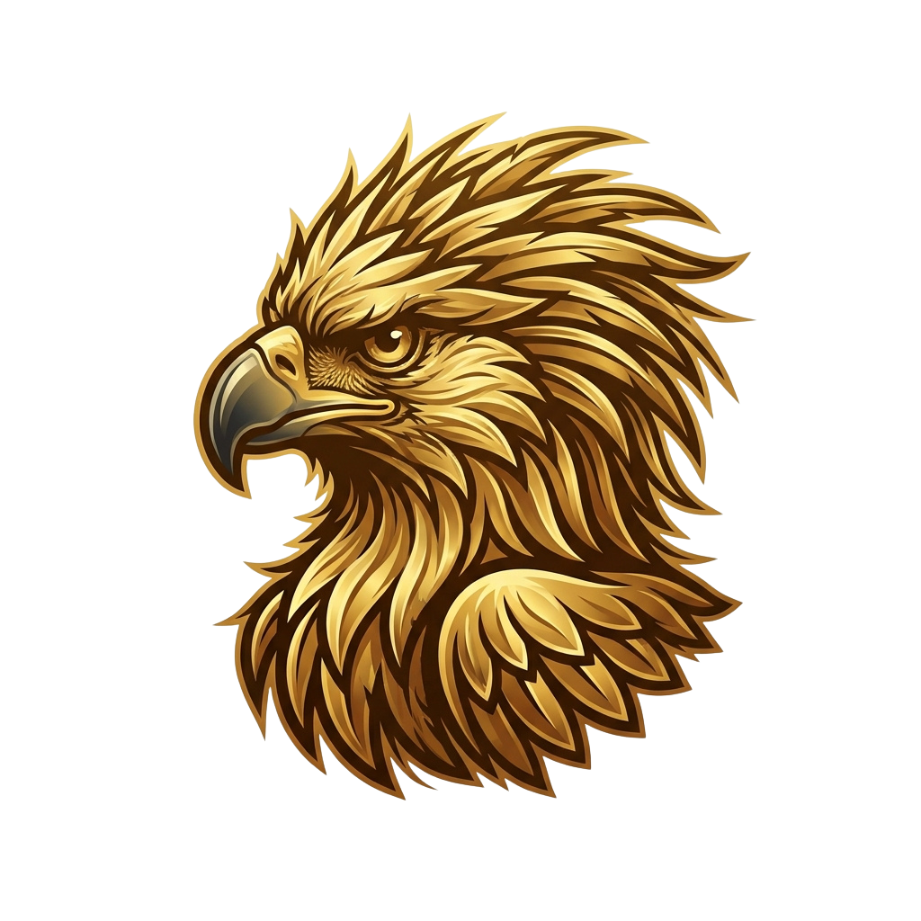 A detailed illustration of a golden eagle head with textured feathers and sharp focus on its beak and eyes