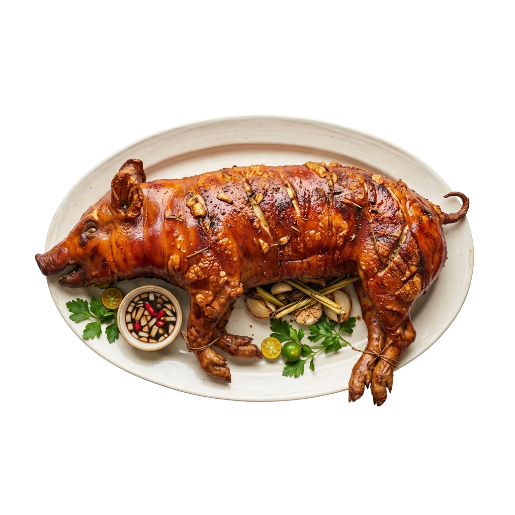 A whole roasted pig with golden-brown skin, garnished with herbs and spices, served on a white oval plate with a small sauce dish.