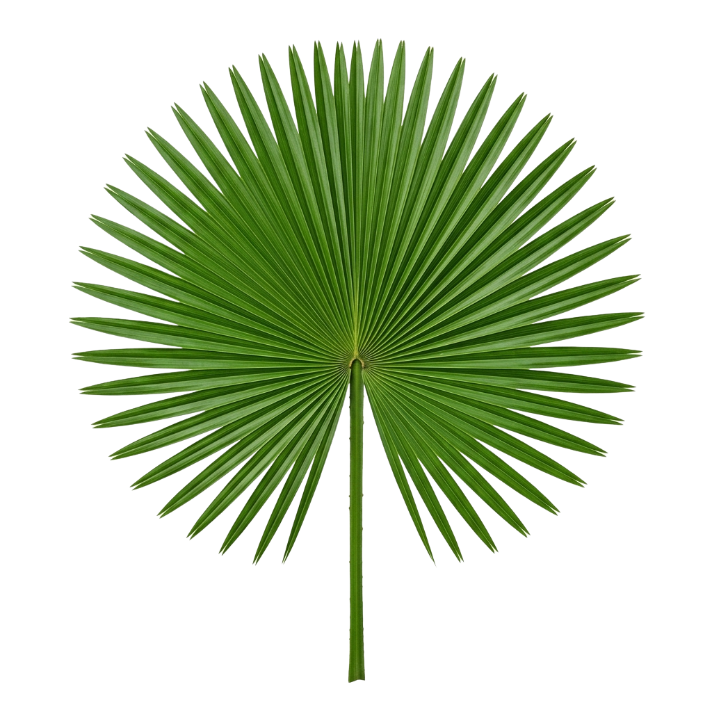 A detailed image of a single green palm frond with long, slender leaves radiating from the center