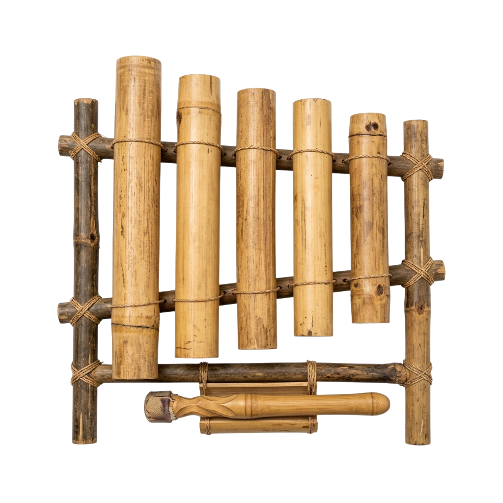 Five bamboo tubes tied together with bamboo sticks in a grid pattern, resembling a traditional musical instrument.