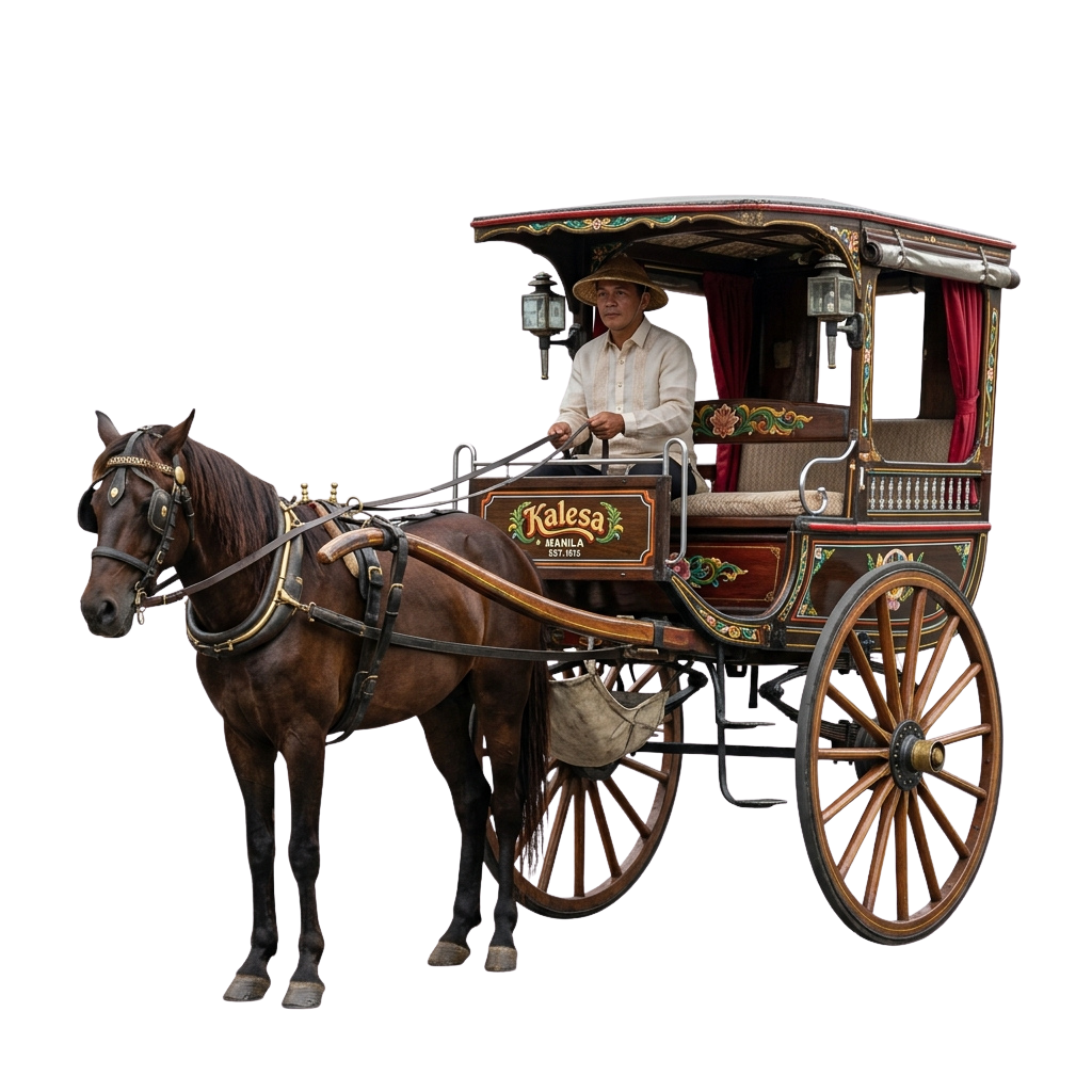 A person driving a decorated horse-drawn carriage with a brown horse attached.