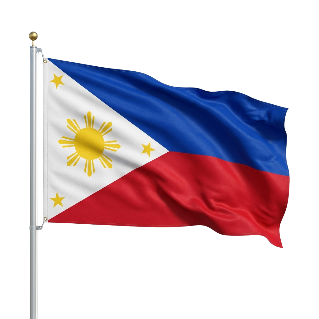 Philippine flag waving with white, blue, and red stripes and a golden sun with eight rays and three stars