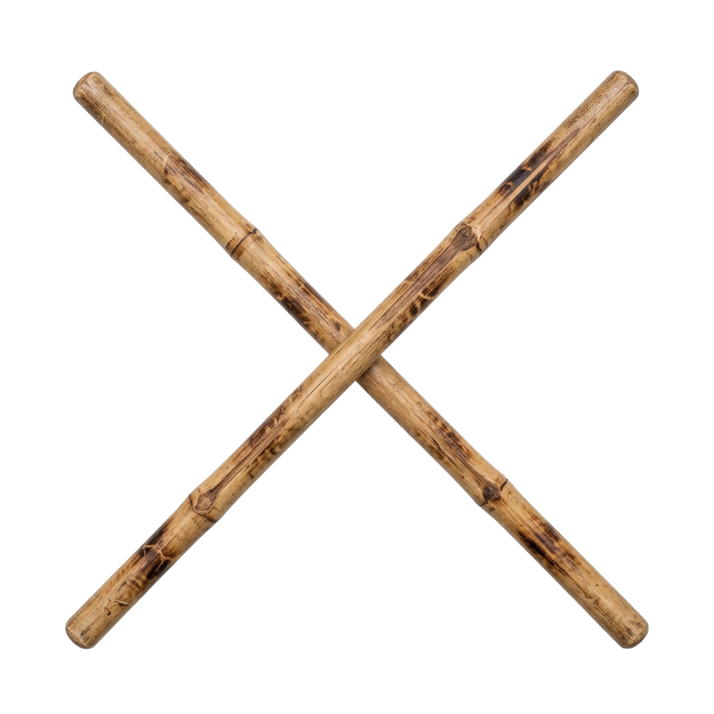 Two crossed bamboo sticks forming an X shape against a black background