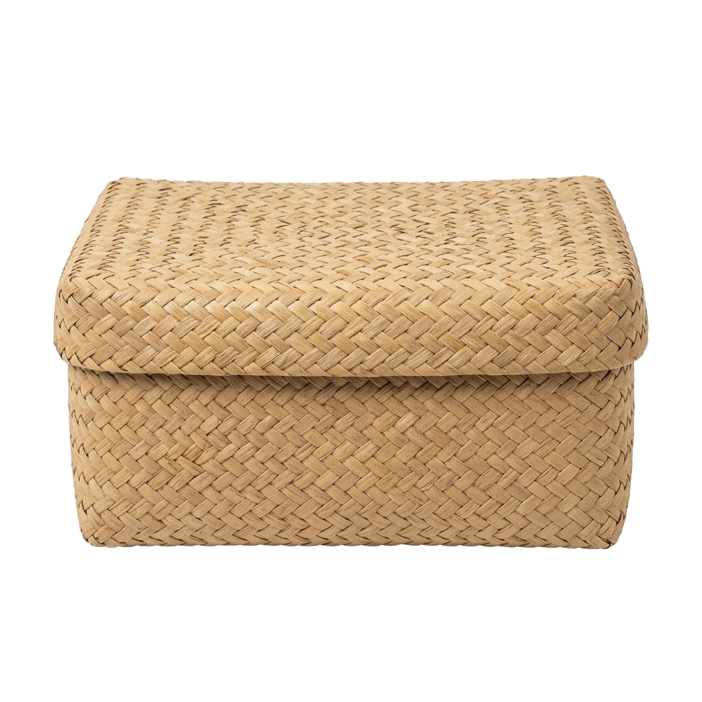 A rectangular woven rattan box with a lid, light beige in color, placed against a black background
