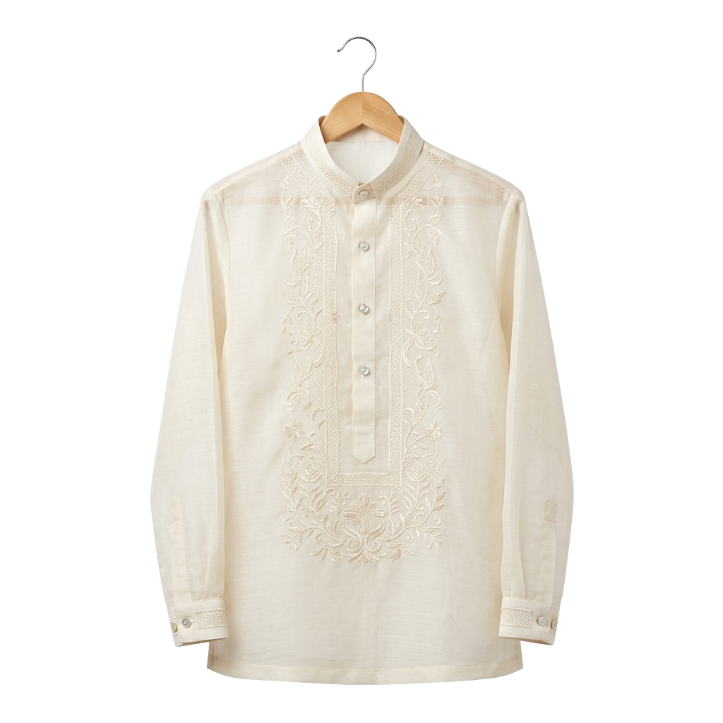 A cream-colored long-sleeve shirt with intricate embroidery down the front and buttons.