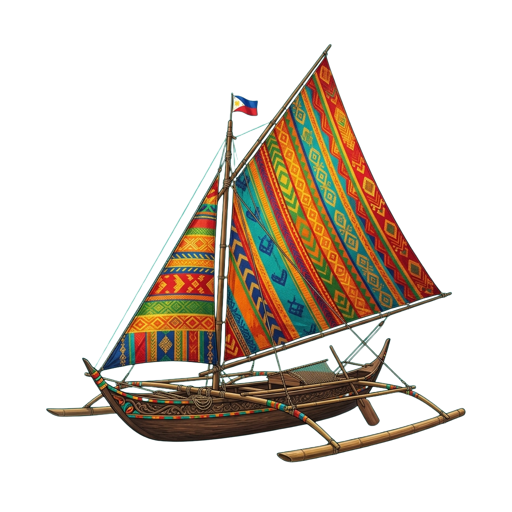 Traditional outrigger boat with vibrant patterned sail and Philippine flag flying at the mast