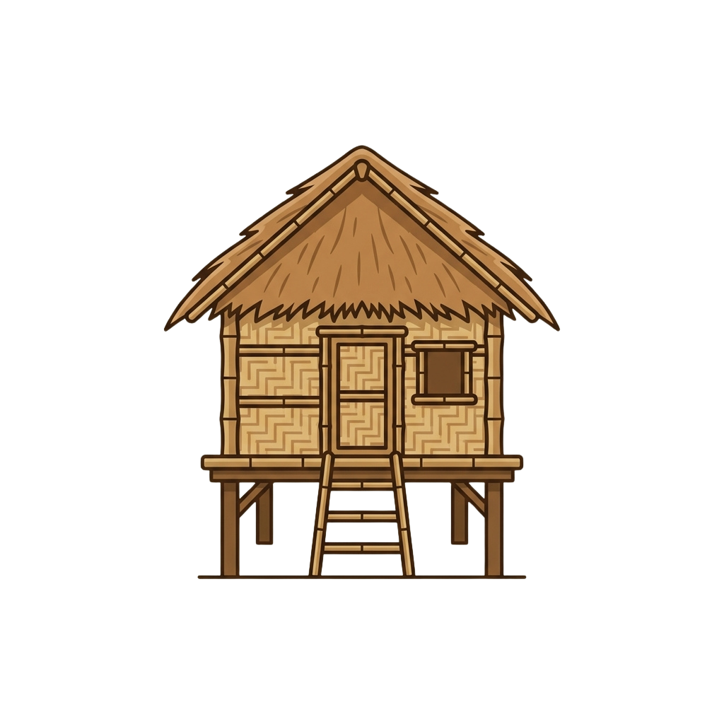 A traditional stilt house made from bamboo with a thatched roof and lattice walls