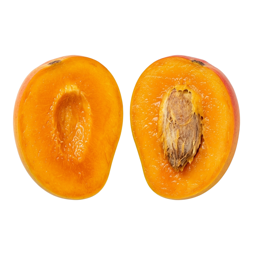 Two halves of an apricot fruit with one side showing the pit and the other side showing the edible flesh