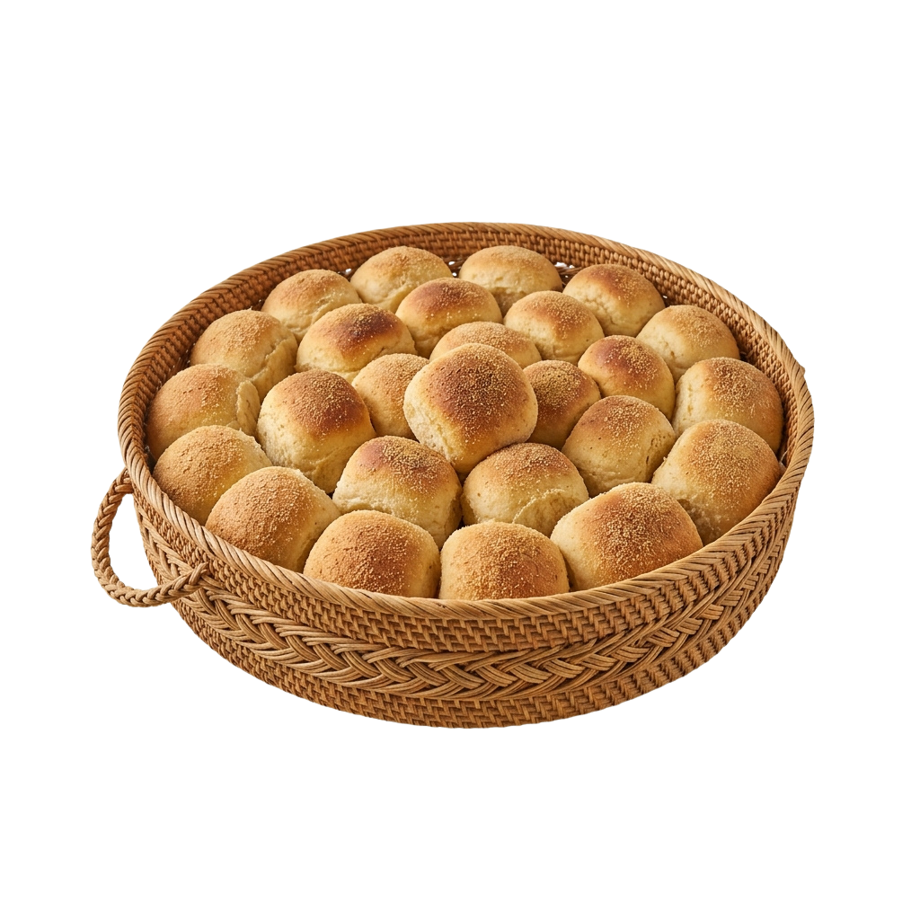 A wicker basket filled with round, golden-brown bread rolls.