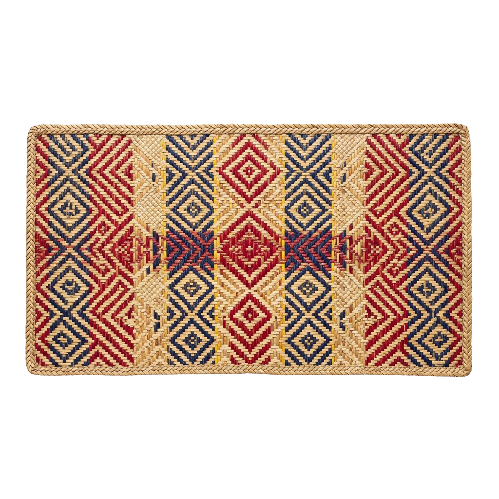Colorful handwoven rug featuring red, blue, and beige diamond shapes in a geometric design