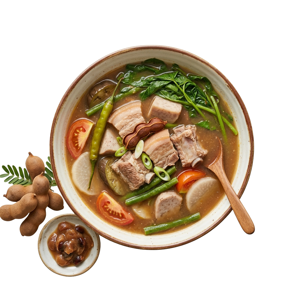 Bowl of beef noodle soup with chunks of beef, green onions, tomatoes, green beans, and potatoes in a light broth with a side of ginger and chili sauce