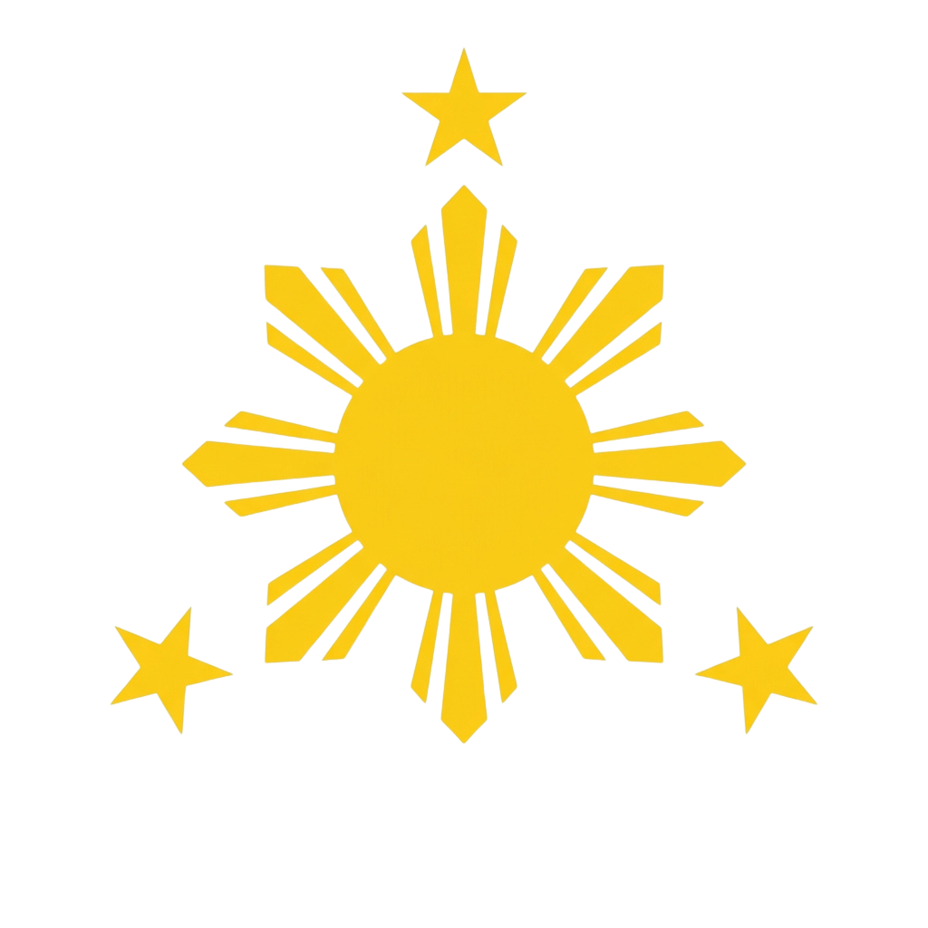 A bright yellow sun with eight rays and three five-pointed stars on a black background