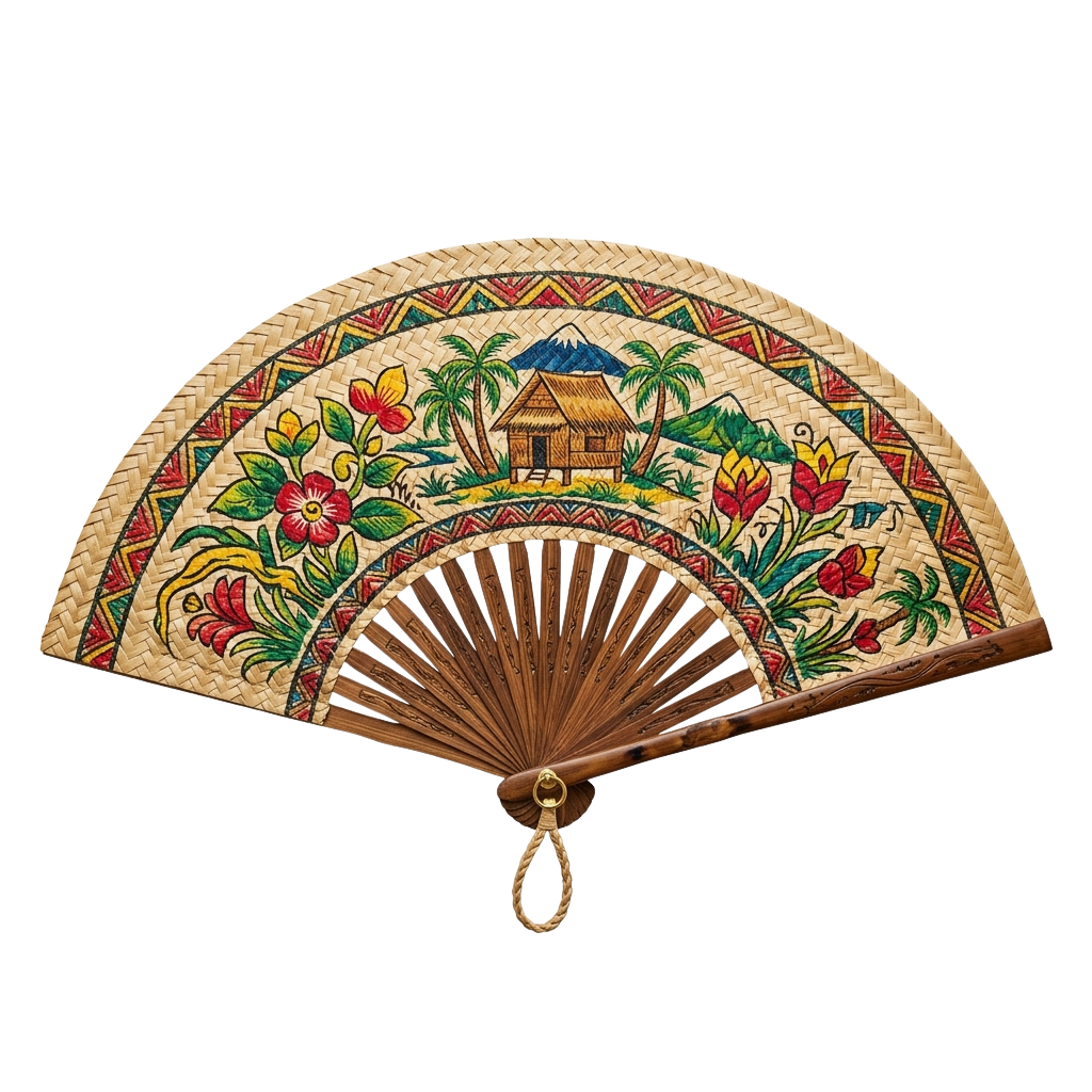Decorative fan with tropical floral patterns, palm trees, and a hut illustration on a woven background