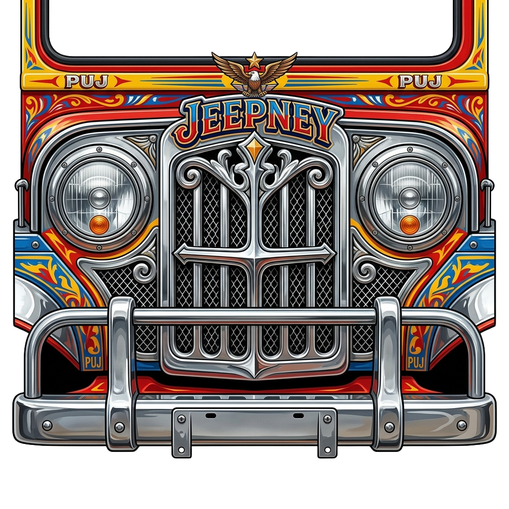 Colorful vintage jeepney front featuring ornate grille, round headlights, and a decorative eagle emblem above the word Jeepney with PUJ markings