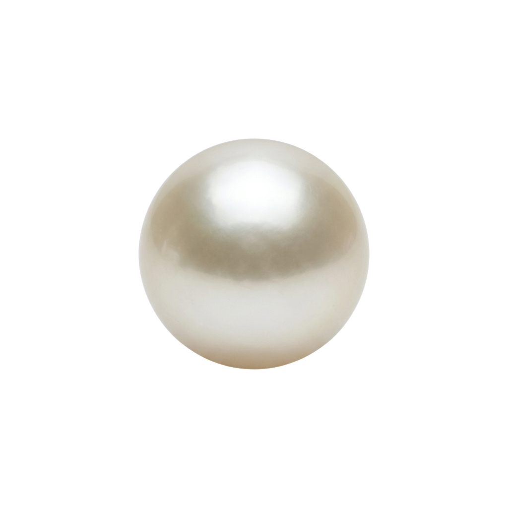 Close-up of a round, smooth white pearl button or bead with a slight depression in the center