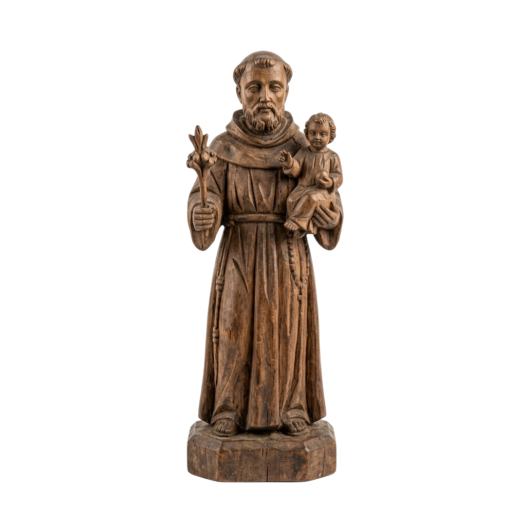 Wooden statue of a robed religious figure holding a child and a staff