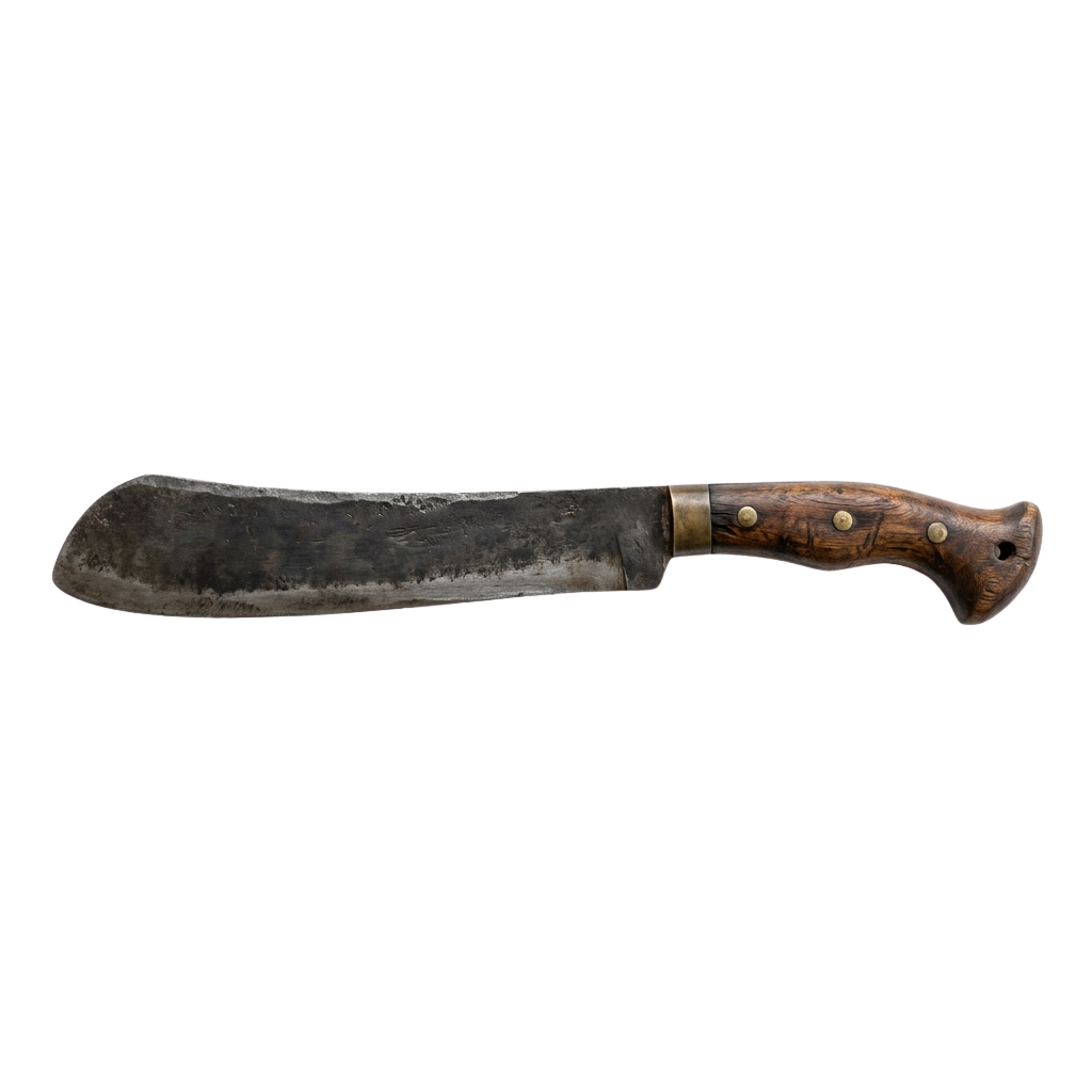 An old-fashioned cleaver with a dark metal blade and wooden handle secured by rivets