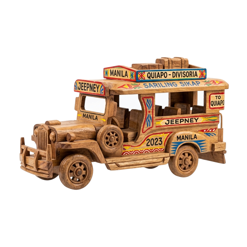 Handcrafted wooden jeepney toy model with colorful Manila Quiapo route signs and decorative patterns