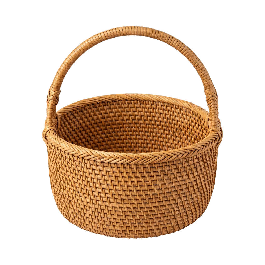 Light brown wicker basket with a handle for carrying or storage