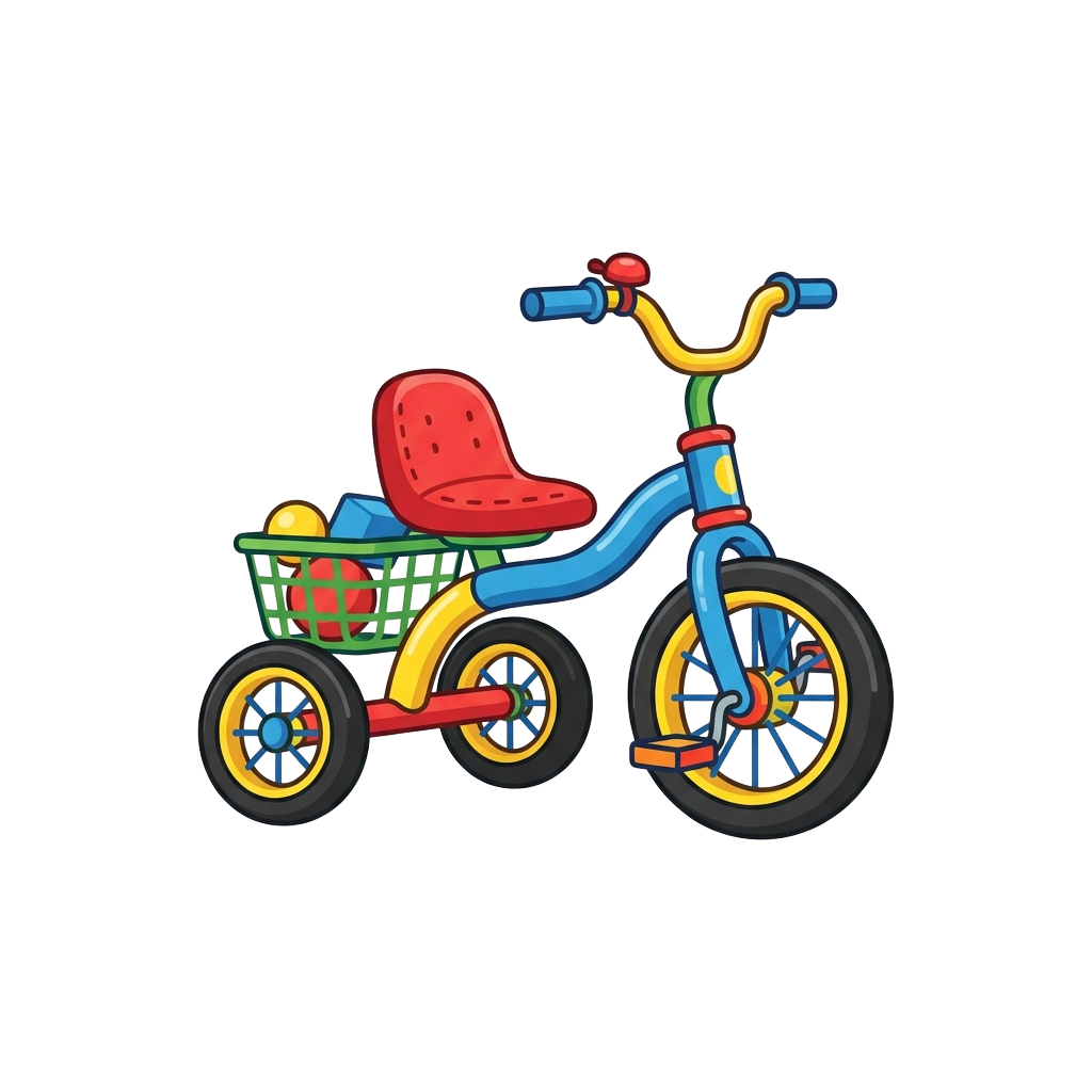 A vibrant tricycle with red seat, blue frame, yellow wheels, and a green basket filled with toys