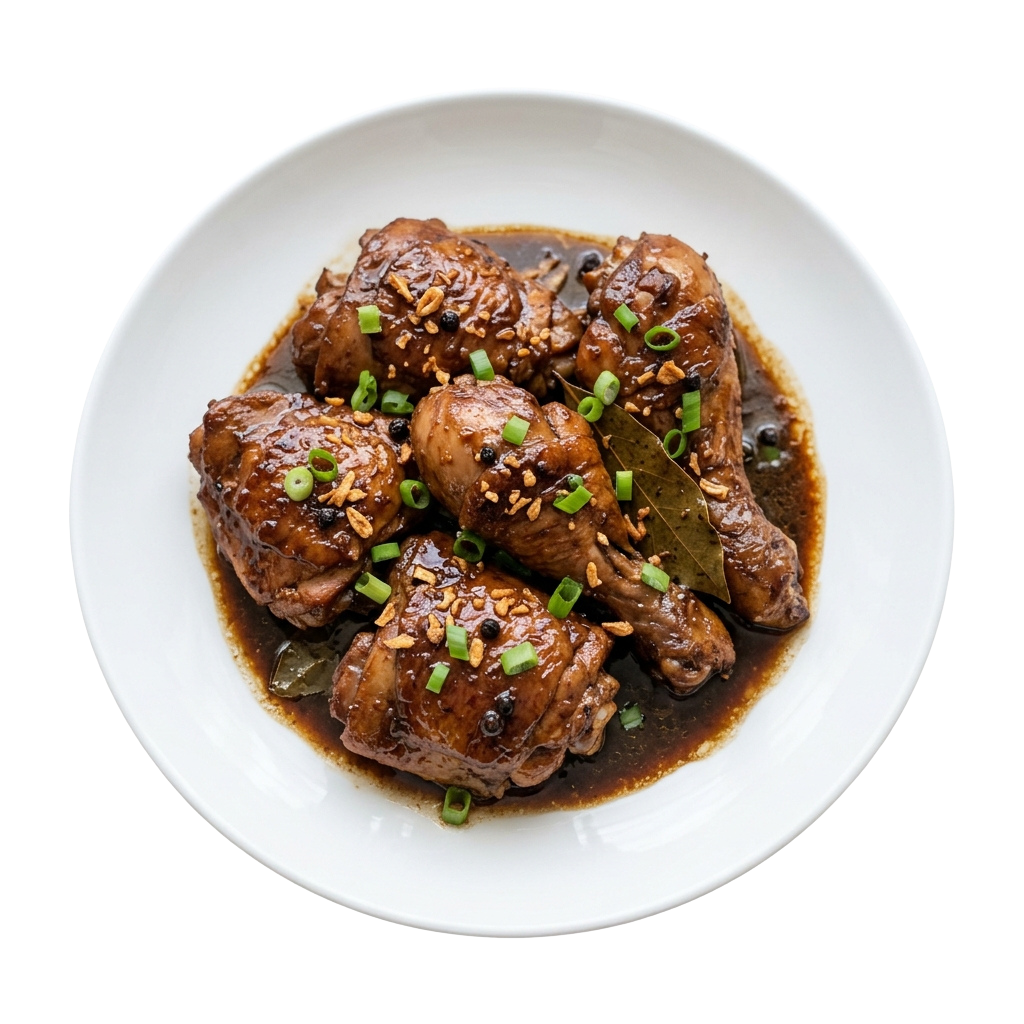 Braised chicken drumsticks garnished with green onions and bay leaves on a white plate